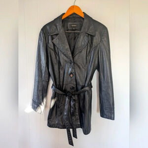 Colebrook Black Leather Belted Jacket XL Long Cinched Waist Coat Vintage Style